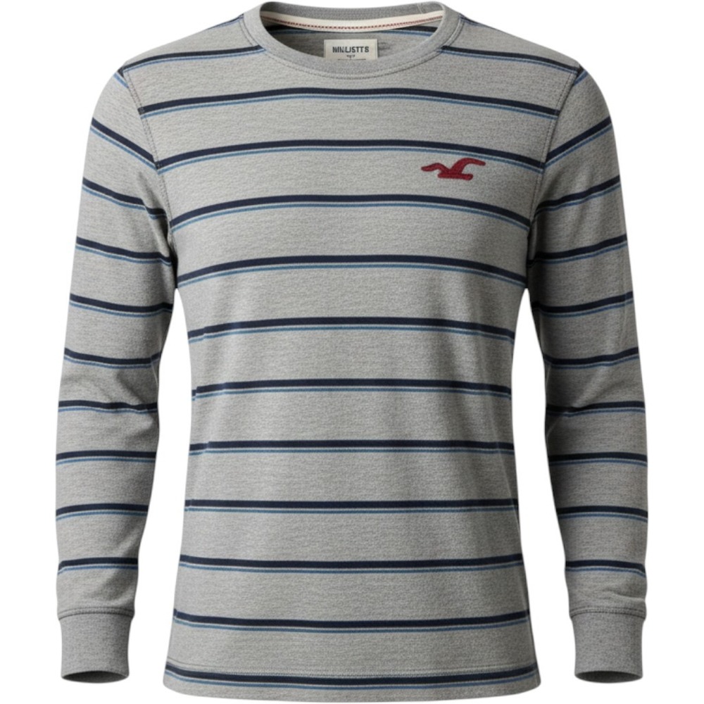 Hollister Mens Small Long Sleeve Striped T-Shirt Gray Navy Blue Seagull Logo